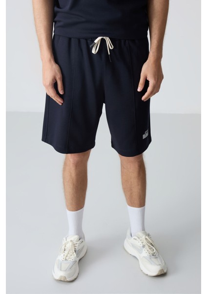 Lacivert Pamuklu Kalın Yumuşak Dokulu Oversize Fit Basic Erkek Şort Takım - 85259