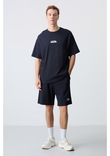 Lacivert Pamuklu Kalın Yumuşak Dokulu Oversize Fit Basic Erkek Şort Takım - 85259