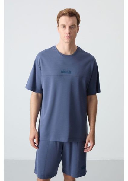 Petrol Pamuklu Kalın Yumuşak Dokulu Oversize Fit Basic Erkek Şort Takım - 85259