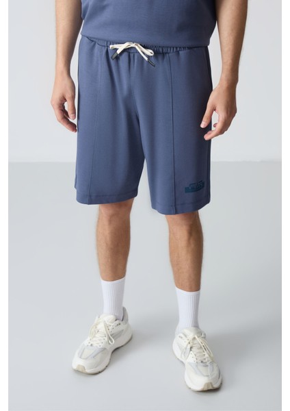 Petrol Pamuklu Kalın Yumuşak Dokulu Oversize Fit Basic Erkek Şort Takım - 85259