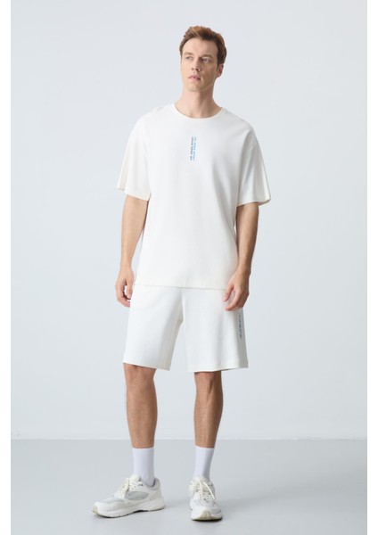 Ekru Pamuklu Kalın Yumuşak Dokulu Oversize Fit Basic Erkek Şort Takım - 85258