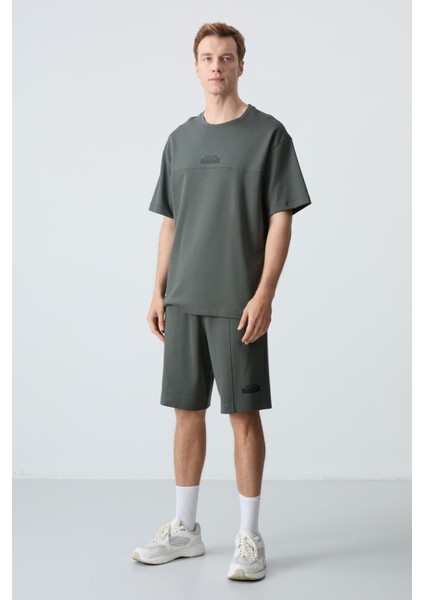 Haki Pamuklu Kalın Yumuşak Dokulu Oversize Fit Basic Erkek Şort Takım - 85259