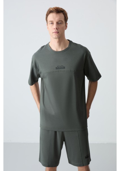 Haki Pamuklu Kalın Yumuşak Dokulu Oversize Fit Basic Erkek Şort Takım - 85259