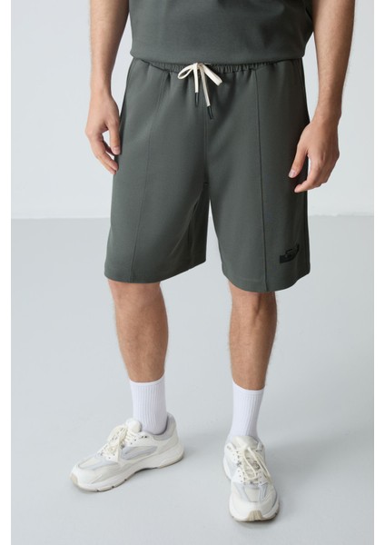 Haki Pamuklu Kalın Yumuşak Dokulu Oversize Fit Basic Erkek Şort Takım - 85259