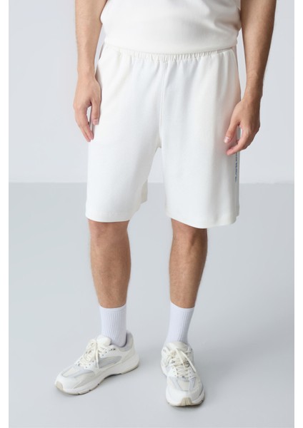 Ekru Pamuklu Kalın Yumuşak Dokulu Oversize Fit Basic Erkek Şort Takım - 85258