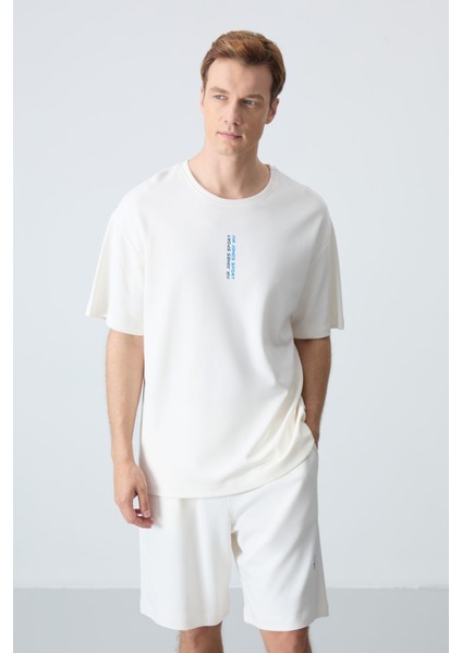 Ekru Pamuklu Kalın Yumuşak Dokulu Oversize Fit Basic Erkek Şort Takım - 85258