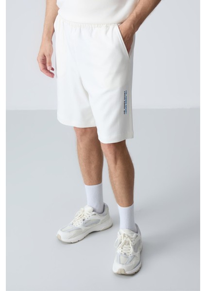 Ekru Pamuklu Kalın Yumuşak Dokulu Oversize Fit Basic Erkek Şort Takım - 85258