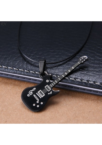 A14457-SIYAH Klasik Erkek Paslanmaz Çelik Gitar Kolye Kolye Hip Hop Müzik Rock Tarzı Kolye Titanyum Çelik Takı Hediye (Yurt Dışından)
