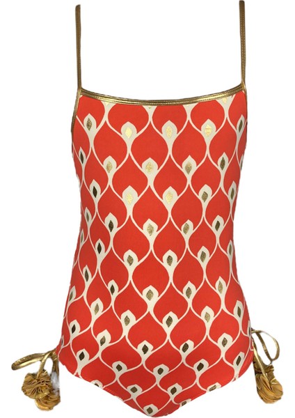 Askılı Ikat Desenli Gold Detaylı Bağcıklı Kırmızı 50uv Kız Çocuk Mayo by Nessi Byrd