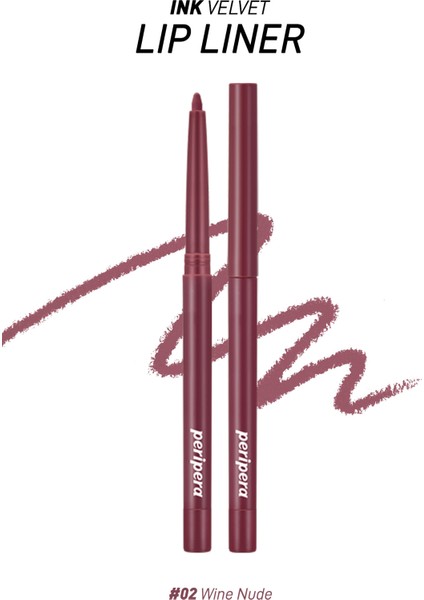 PERIPERA Kadife Bitiş Sunan, Yoğun Pigmentli Dudak Kalemi  Ink Velvet Lip Liner (02 Wine Nude)