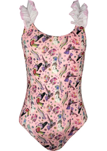 Kuş Desenli Fırfır Detaylı Kız Çocuk Mayo by Nessi Byrd