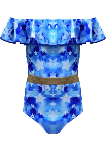 Kayık Yaka Fırfırlı Yıldız Baskılı Gold Kemer Detaylı 50UV Kız Çocuk Mayo BY NESSI BYRD