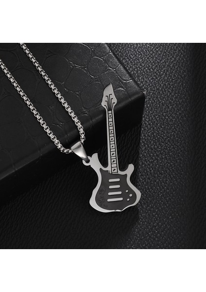 AL19235-SIYAH Paslanmaz Çelik Içi Boş Tasarım Gitar Seçim Bas Not Kolye Erkekler ve Kadınlar Için Uygun Müzik Severler Kolye Kaya Punk Takı (Yurt Dışından)