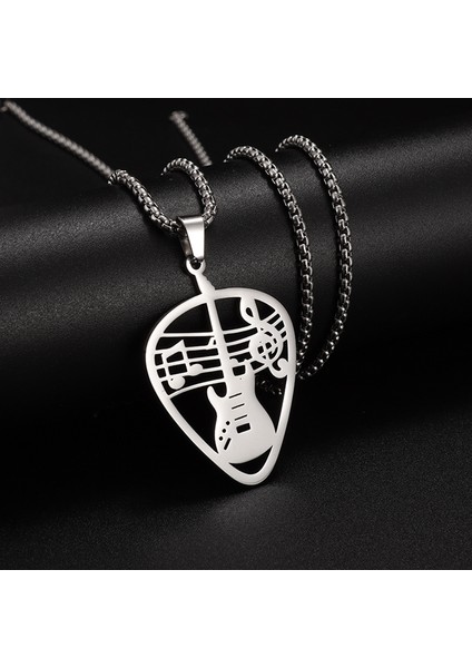 AL19235-SIYAH Paslanmaz Çelik Içi Boş Tasarım Gitar Seçim Bas Not Kolye Erkekler ve Kadınlar Için Uygun Müzik Severler Kolye Kaya Punk Takı (Yurt Dışından)