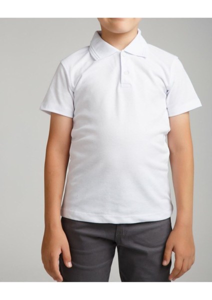 Unısex Cocuk Polo Yaka Kısa Kol Beyaz Okul T-Shırt