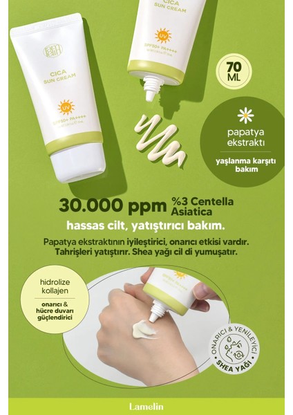 Cica Içeren Hassas Ciltler Için Yatıştırıcı Güneş Kremi Lamelin Cica Sun Cream Büyük Boy 70ML