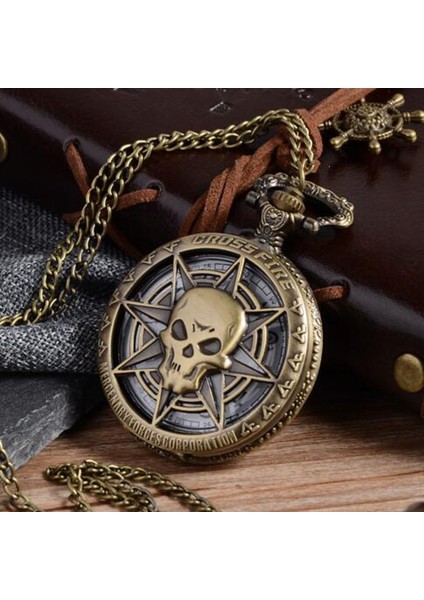 A5036-GÜMÜŞ Vintage Bronz Steampunk Kuvars Cep Saati Hollow Karayip Korsanları Kafatası H Kemer Zincir Kolye Erkek Kolye (Yurt Dışından)