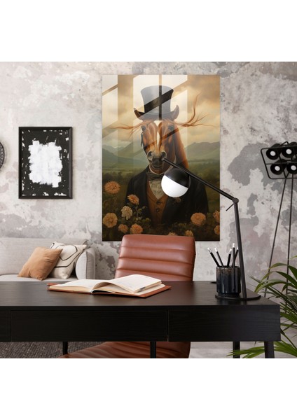 Klasik Yağlıboya Tablo Cam Baskı - Silindir Şapkalı At - Insan Gibi Giyinmiş Hayvanlar, Cam Baskı, Duvar Süslemesi, Silindir Şapkalı At, 50 x 70 cm