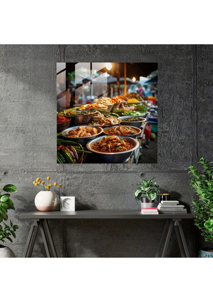 Asya Sokak Yemekleri Cam Duvar Sanatı - Asya, Modern Sanat, Tayland Sokak Yemekleri Pazarı, Duvar Dekorasyonu, 30X30 fiyatları