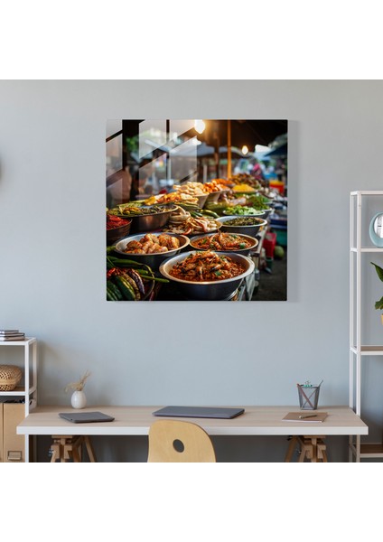 Asya Sokak Yemekleri Cam Duvar Sanatı - Asya, Modern Sanat, Tayland Sokak Yemekleri Pazarı, Duvar Dekorasyonu, 30X30 modelleri