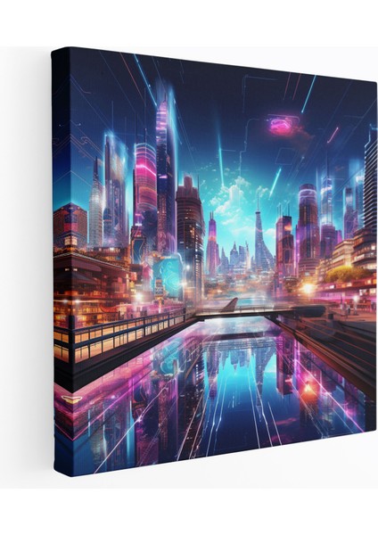 Asya Duvar Sanatı: Fütüristik Neon Şehir Manzarası - Asya, Modern Mimari, Çağdaş Dijital Sanat, Neon Işıklar, 30X30