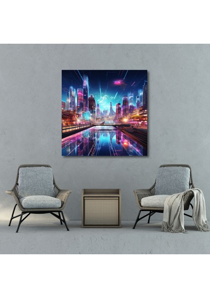 Asya Duvar Sanatı: Fütüristik Neon Şehir Manzarası - Asya, Modern Mimari, Çağdaş Dijital Sanat, Neon Işıklar, 30X30