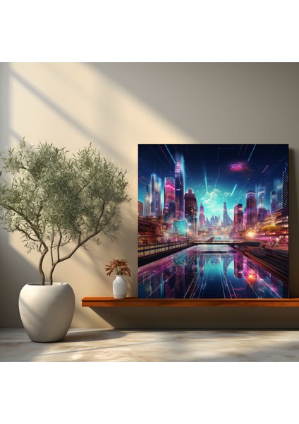Asya Duvar Sanatı: Fütüristik Neon Şehir Manzarası - Asya, Modern Mimari, Çağdaş Dijital Sanat, Neon Işıklar, 30X30