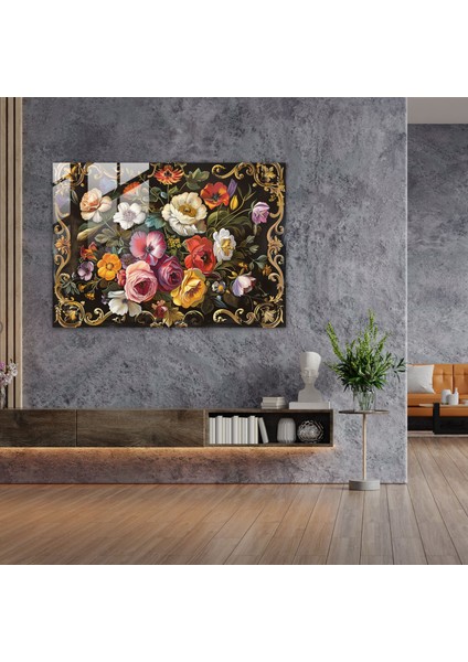 Canlı Çiçek Aranjmanı Cam Duvar Sanatı - Barok, Barok Tarzı Resim, Duvar Dekorasyonu, Modern Sanat, 70 x 50 cm