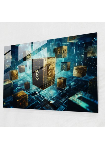 Blockchain Cam Baskı - Blockchain, Cam Baskı, Kripto Para Logoları, Şifreli Kodlar, 70X50