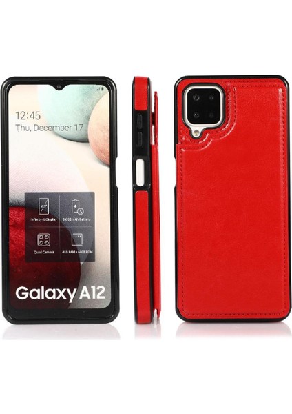 Kart Tutucu Pu Deri Çift ile Samsung Galaxy A12 Için Cüzdan Kılıf (Yurt Dışından)
