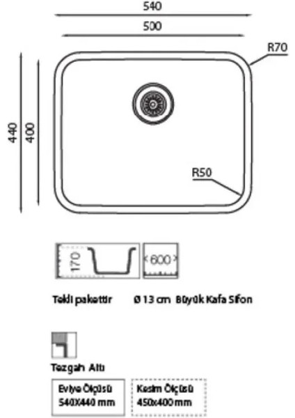 D 500 Polisajlı Tezgah Altı Mutfak Evyesi 44×54 cm Eviye (Sifon Dahil)