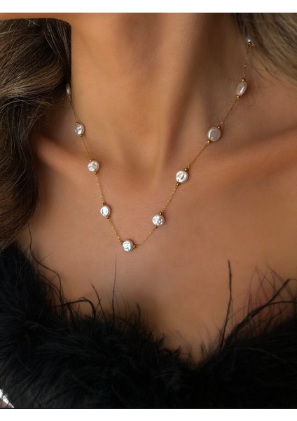 Altın Kaplama Model Yassı Inci Çelik Kolye