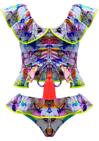 Floral Desenli Fırfırlı Büzgülü Püskül Detaylı 50UV Kız Çocuk Bikini Takımı BY NESSI BYRD