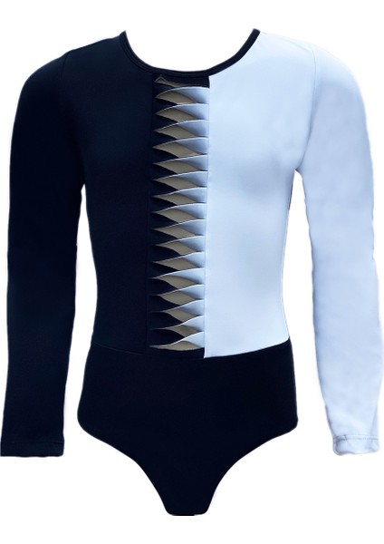 Bisiklet Yaka Pencere Detaylı Siyah-beyaz Uzun Kollu 50UV Kız Çocuk Mayo BY NESSI BYRD