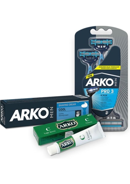 Arko Men Tıraş Kremi Cool 100ML ve Men T3 Tıraş Bıçağı 3'lü Olan ve Klasik Yağlı Krem 20CC