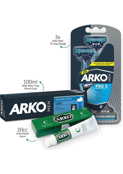 Arko Men Tıraş Kremi Cool 100ML ve Men T3 Tıraş Bıçağı 3'lü Olan ve Klasik Yağlı Krem 20CC