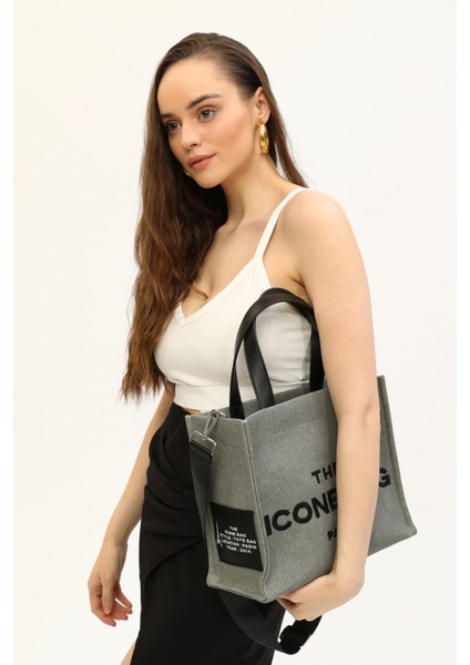 Gri The İcone Bag Bag Paris Işlemeli Tote Kadın Kol Çantası ve Omuz Çantası Orta Boy fiyatları