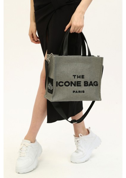 Gri The İcone Bag Bag Paris Işlemeli Tote Kadın Kol Çantası ve Omuz Çantası Orta Boy fırsatları