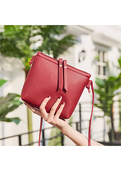 Moda Kadın Omuz Çantası Pu Deri Kadın Çanta Katı Tote Crossbody Çanta Messenger Çanta (Kırmızı) (Yurt Dışından) modelleri
