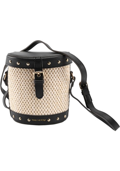 Kadın Hasır Kova Çanta Perçin Crossbody Yaz Seyahat Omuz Çantası Siyah (Yurt Dışından)