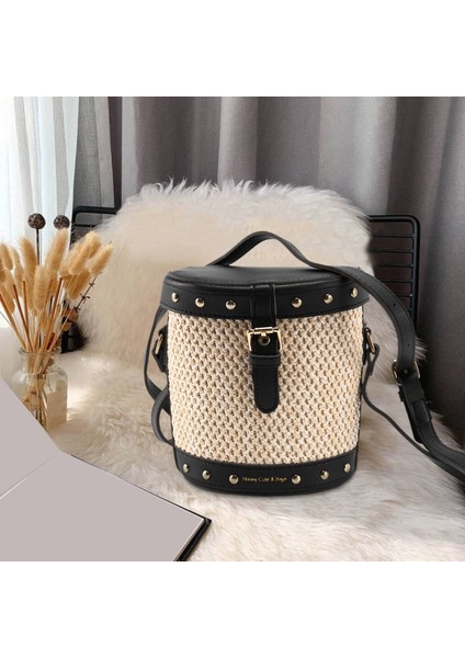 Kadın Hasır Kova Çanta Perçin Crossbody Yaz Seyahat Omuz Çantası Siyah (Yurt Dışından) fiyatları