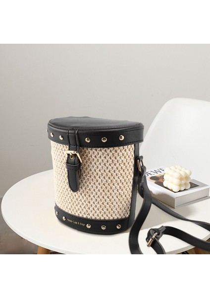 Kadın Hasır Kova Çanta Perçin Crossbody Yaz Seyahat Omuz Çantası Siyah (Yurt Dışından) fırsatları