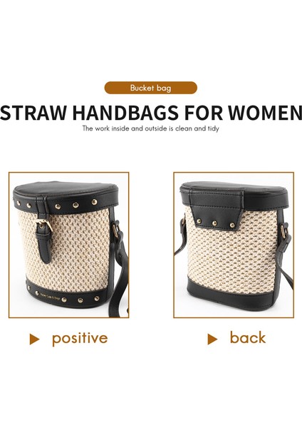 Kadın Hasır Kova Çanta Perçin Crossbody Yaz Seyahat Omuz Çantası Siyah (Yurt Dışından) indirimleri