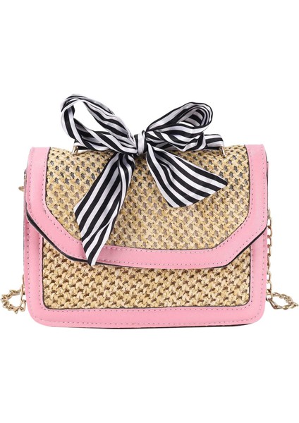 Kadın Şerit Hasır Çanta Kadın Yaz Rattan Çanta Ins Popüler Bayan Rahat Debriyaj Seyahat El Yapımı Örme Crossbody Pembe (Yurt Dışından)