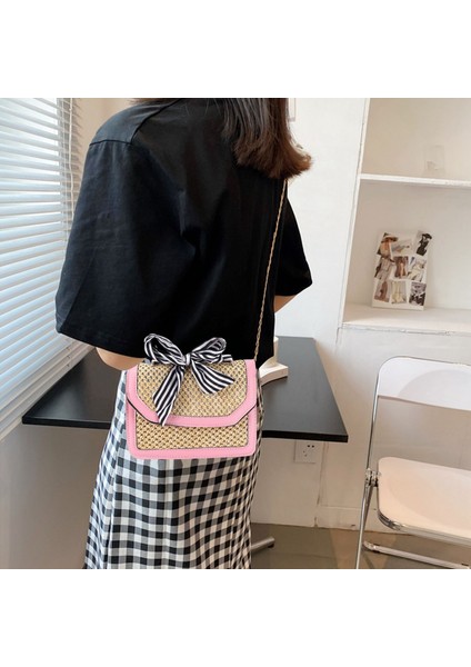 Kadın Şerit Hasır Çanta Kadın Yaz Rattan Çanta Ins Popüler Bayan Rahat Debriyaj Seyahat El Yapımı Örme Crossbody Pembe (Yurt Dışından) fiyatları