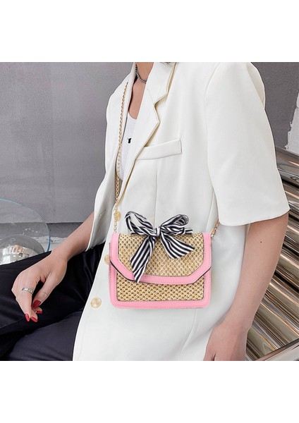 Kadın Şerit Hasır Çanta Kadın Yaz Rattan Çanta Ins Popüler Bayan Rahat Debriyaj Seyahat El Yapımı Örme Crossbody Pembe (Yurt Dışından) fırsatları