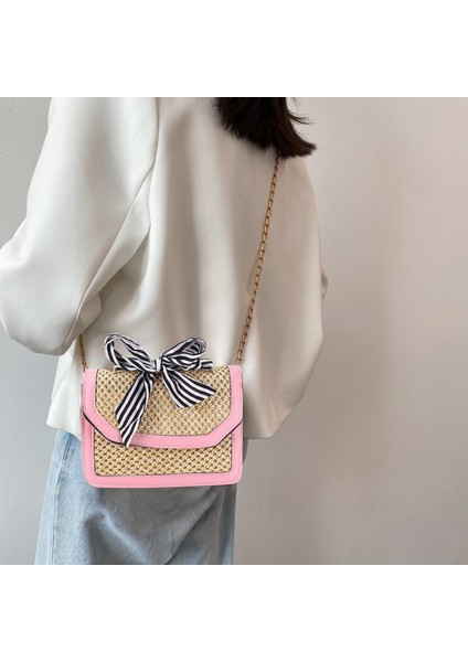 Kadın Şerit Hasır Çanta Kadın Yaz Rattan Çanta Ins Popüler Bayan Rahat Debriyaj Seyahat El Yapımı Örme Crossbody Pembe (Yurt Dışından) indirimleri