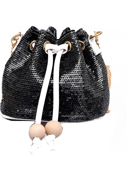 Pu Deri Omuz Messenger Siyah Için Payetler Kova Crossbody Çanta ile Kadın Çantası (Yurt Dışından)