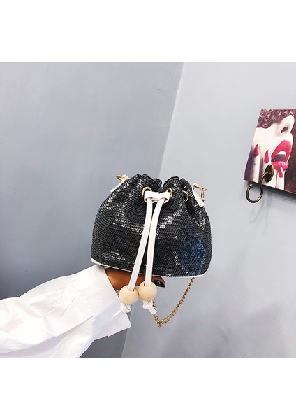 Pu Deri Omuz Messenger Siyah Için Payetler Kova Crossbody Çanta ile Kadın Çantası (Yurt Dışından) modelleri
