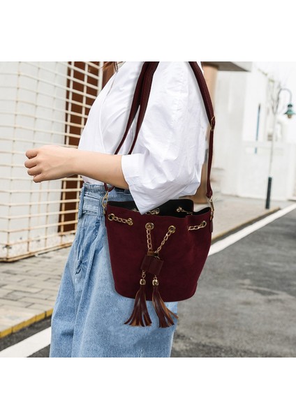 Kadın Süet Omuz Çantaları Püskül Kova Kız Çocuk Crossbody Kadın Çantası(Kırmızı) (Yurt Dışından) modelleri